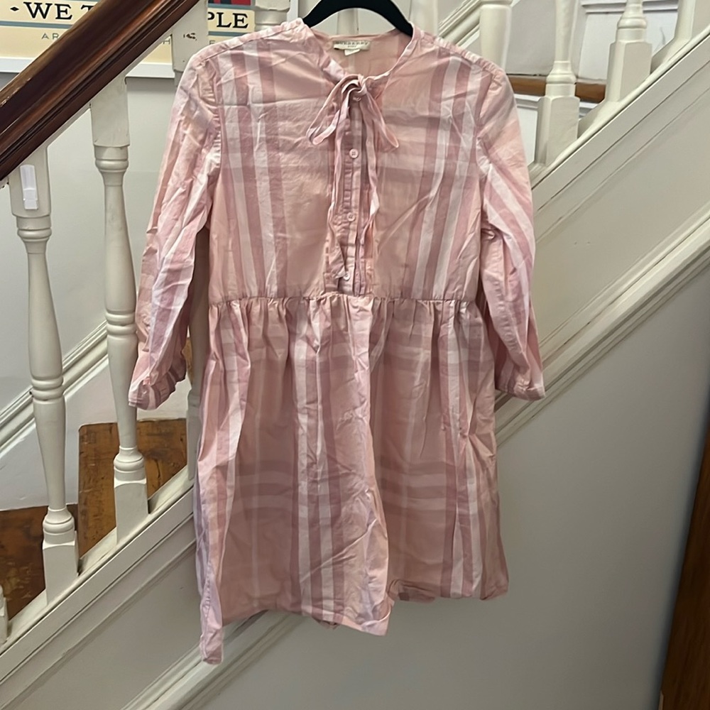 Burberry Light Pink Plaid Tie-Neck Mini Dress